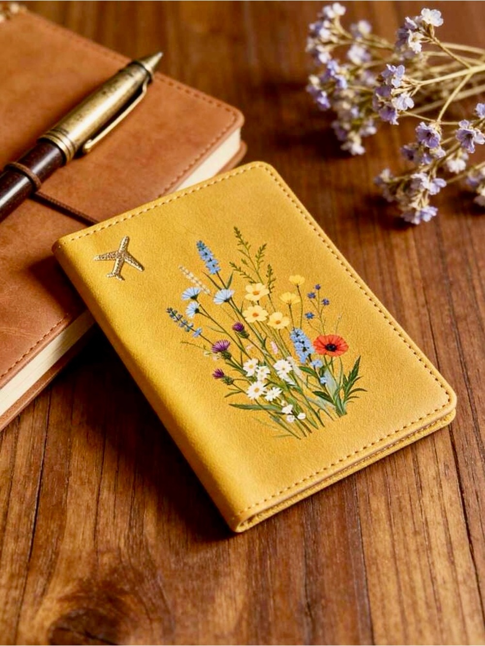 Passport Holder with Wildflower Pattern & Airplane Icon in Mustard